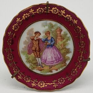 Limoges France Vintage Porcelain Cranberry Gold Gilt Dancing Couple Mini Plate